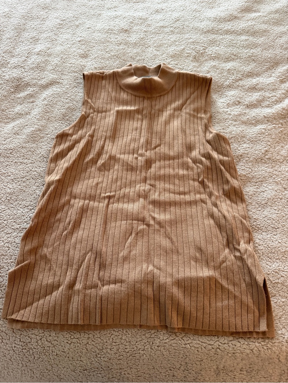 Marled Ribbed Sleeveless Mock Neck Tunic in Camel